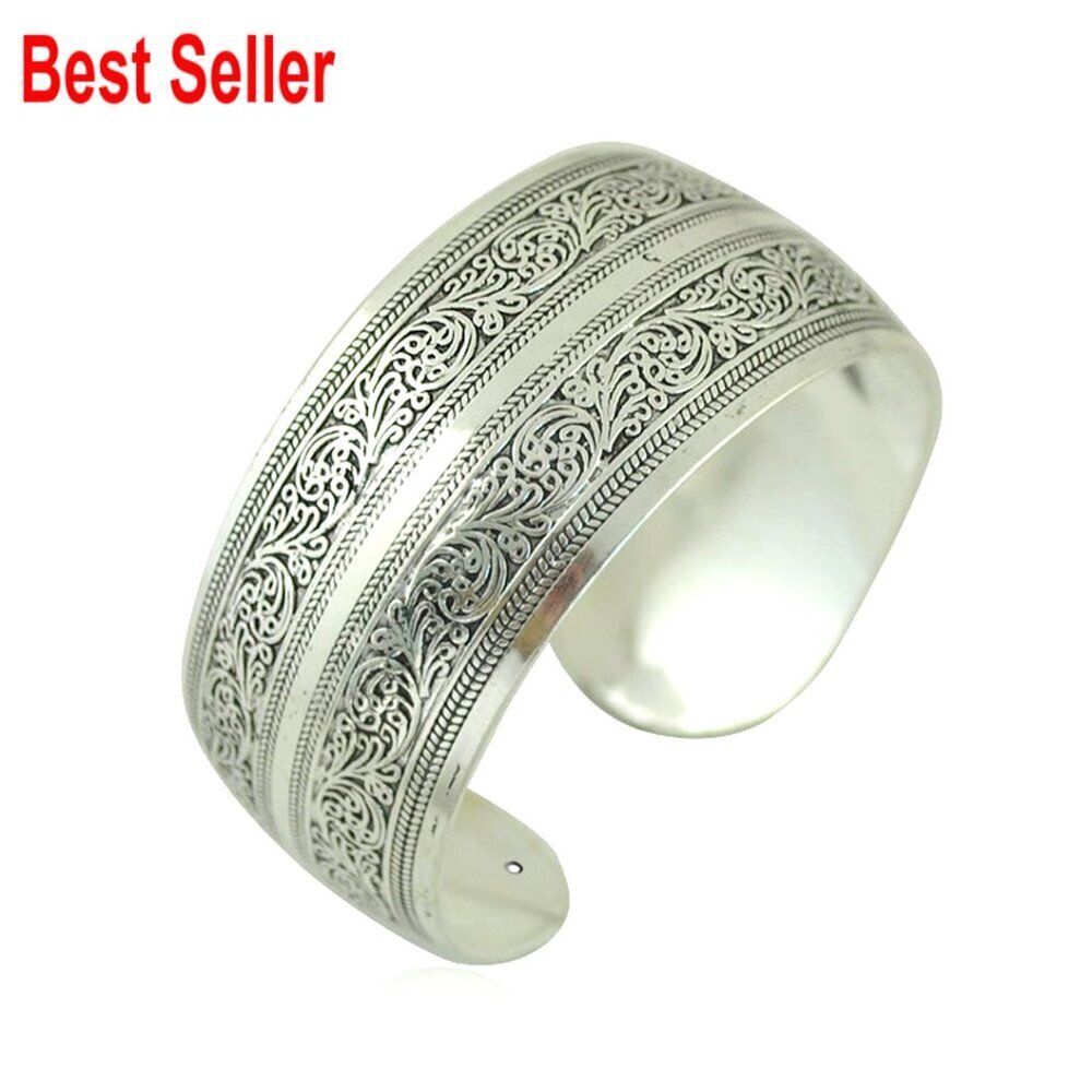 Vintage Ethnic Cuff Bracelet with Carved Spiral Flower Pattern